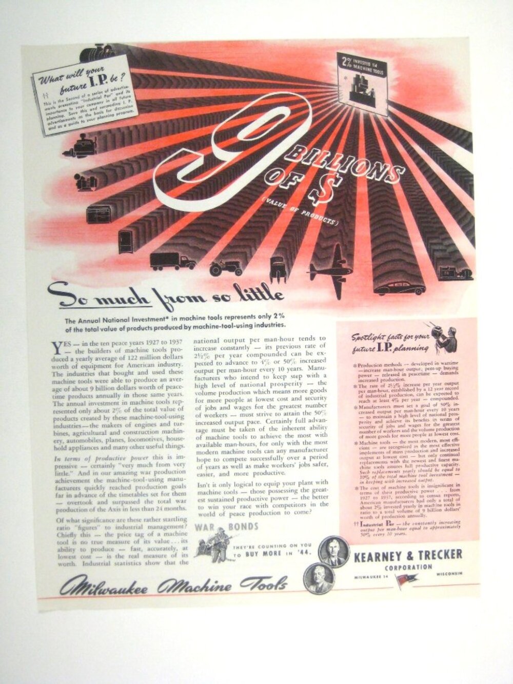 Kearney Trecker 1944 Vintage Ad Print Milwaukee Machine Tools Investment